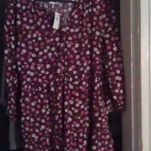 NWT Gap 100% Cotton Purple And Floral Pattern Vneck Long Blouse Sleeves Midi